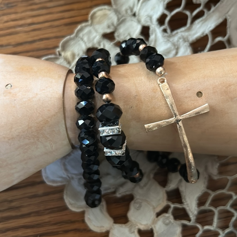 Vintage Black Glass Bead Stretch Bracelets